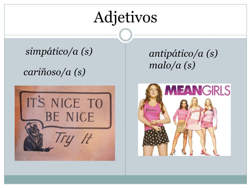 Adjetivos simpático/a (s) antipático/a (s) malo/a (s) cariñoso/a (s)