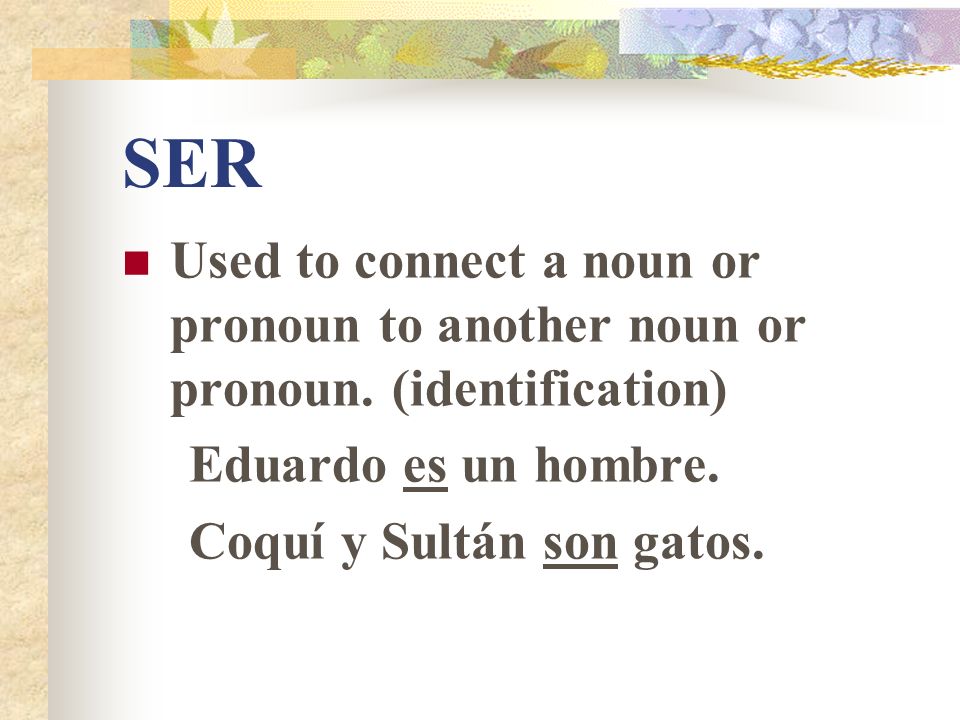 SER Used to connect a noun or pronoun to another noun or pronoun. (identification) Eduardo es un hombre.