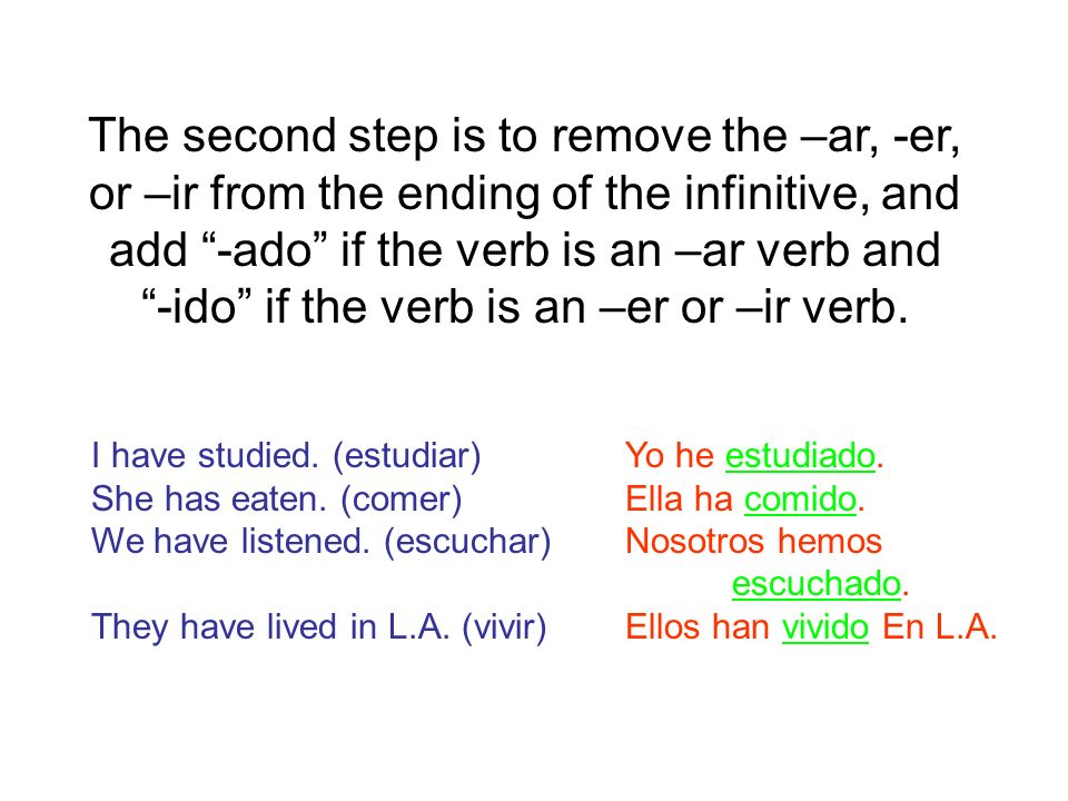 The second step is to remove the –ar, -er, or –ir from the ending of the infinitive, and add -ado if the verb is an –ar verb and -ido if the verb is an –er or –ir verb.
