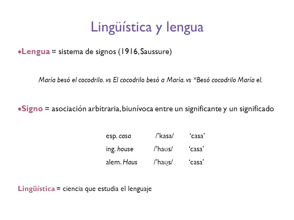 Lingüística y lengua Lengua = sistema de signos (1916, Saussure)