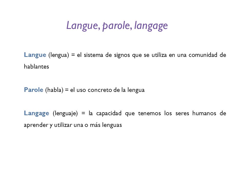 Langue, parole, langage Langue (lengua) = el sistema de signos que se utiliza en una comunidad de hablantes.
