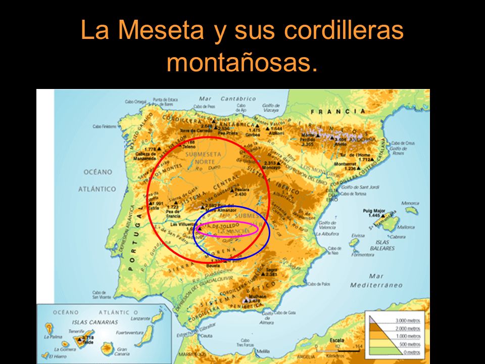 La Meseta y sus cordilleras montañosas.