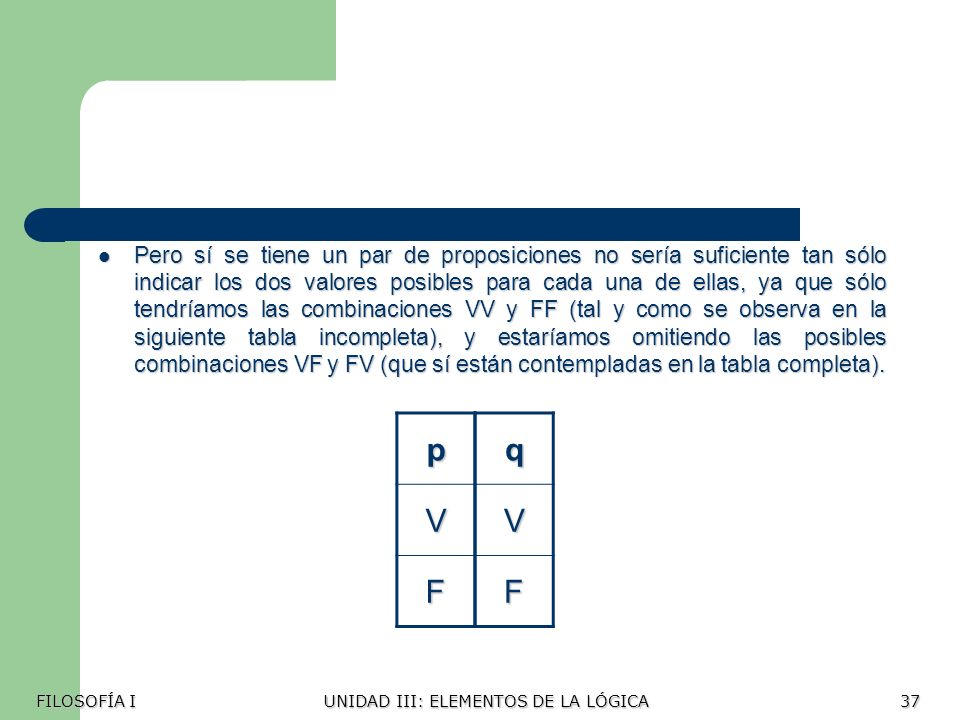 Pero sí se tiene un par de proposiciones no sería suficiente tan sólo indicar los dos valores posibles para cada una de ellas, ya que sólo tendríamos las combinaciones VV y FF (tal y como se observa en la siguiente tabla incompleta), y estaríamos omitiendo las posibles combinaciones VF y FV (que sí están contempladas en la tabla completa).