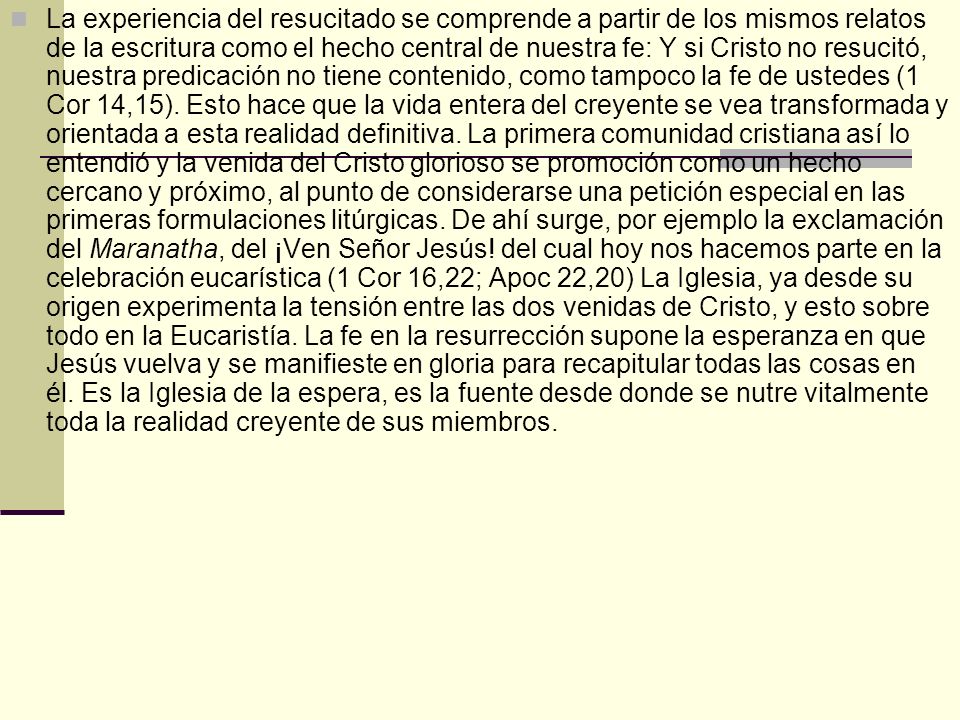 La experiencia del resucitado se comprende a partir de los mismos relatos de la escritura como el hecho central de nuestra fe: Y si Cristo no resucitó, nuestra predicación no tiene contenido, como tampoco la fe de ustedes (1 Cor 14,15).
