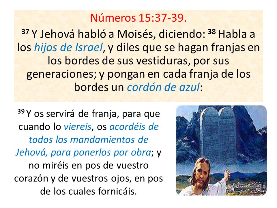 Números 15: Y Jehová habló a Moisés, diciendo: 38 Habla a los hijos de Israel, y diles que se hagan franjas en los bordes de sus vestiduras, por sus generaciones; y pongan en cada franja de los bordes un cordón de azul: