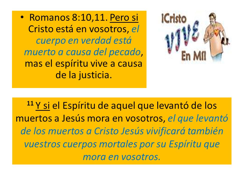Romanos 8:10,11. Pero si Cristo está en vosotros, el cuerpo en verdad está muerto a causa del pecado, mas el espíritu vive a causa de la justicia.