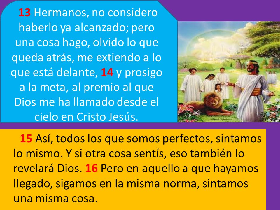 13 Hermanos, no considero haberlo ya alcanzado; pero una cosa hago, olvido lo que queda atrás, me extiendo a lo que está delante, 14 y prosigo a la meta, al premio al que Dios me ha llamado desde el cielo en Cristo Jesús.