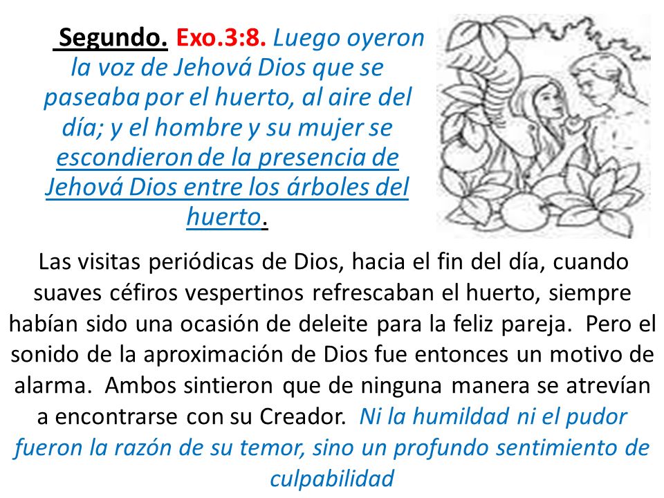 Segundo. Exo.3:8. Luego oyeron la voz de Jehová Dios que se paseaba por el huerto, al aire del día; y el hombre y su mujer se escondieron de la presencia de Jehová Dios entre los árboles del huerto.