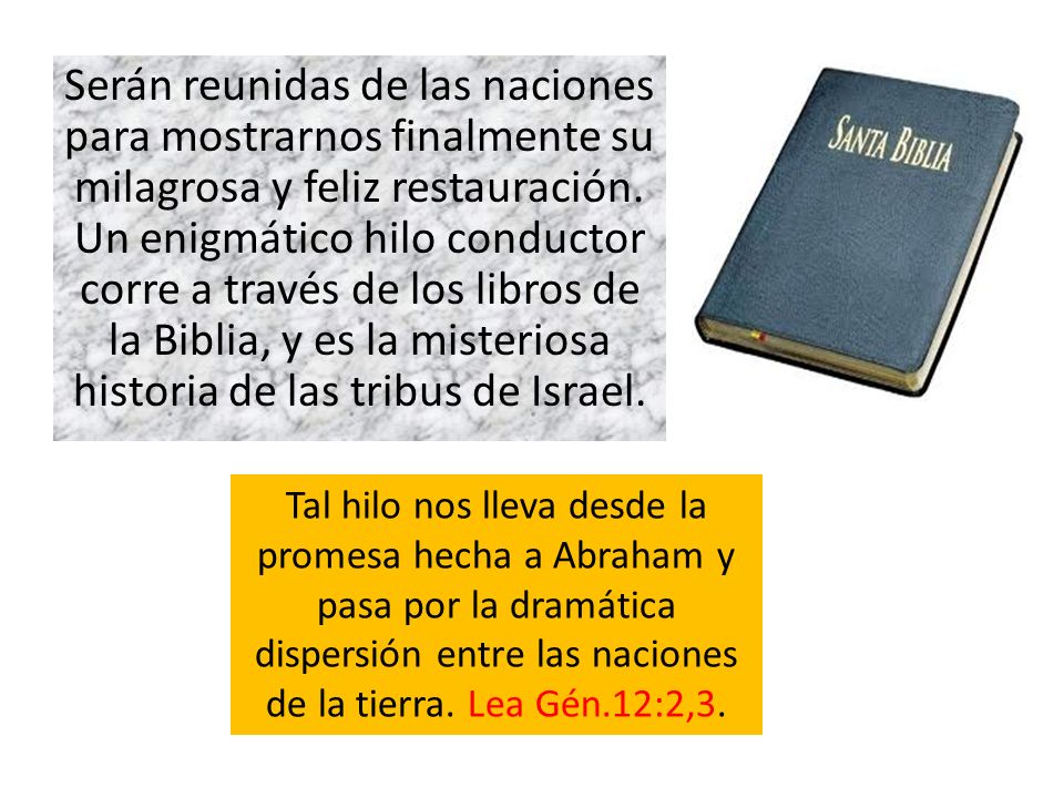 Serán reunidas de las naciones para mostrarnos finalmente su milagrosa y feliz restauración. Un enigmático hilo conductor corre a través de los libros de la Biblia, y es la misteriosa historia de las tribus de Israel.