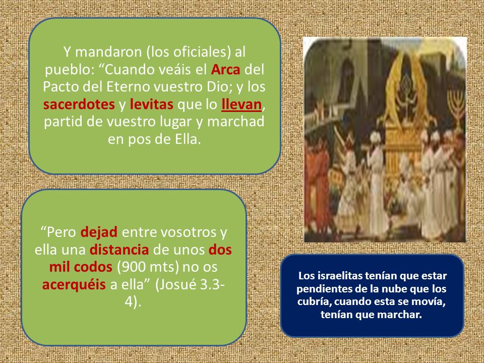 Y mandaron (los oficiales) al pueblo: Cuando veáis el Arca del Pacto del Eterno vuestro Dio; y los sacerdotes y levitas que lo llevan, partid de vuestro lugar y marchad en pos de Ella.