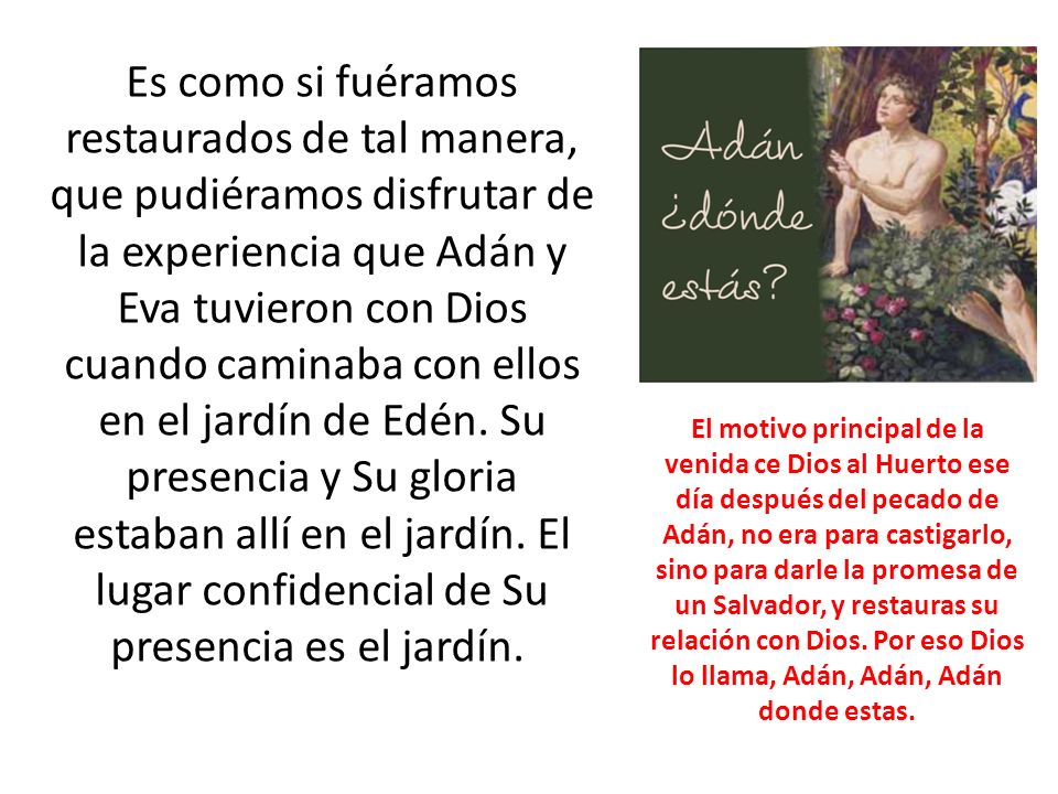Es como si fuéramos restaurados de tal manera, que pudiéramos disfrutar de la experiencia que Adán y Eva tuvieron con Dios cuando caminaba con ellos en el jardín de Edén. Su presencia y Su gloria estaban allí en el jardín. El lugar confidencial de Su presencia es el jardín.