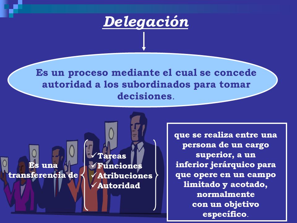 Delegación Es un proceso mediante el cual se concede autoridad a los subordinados para tomar decisiones.