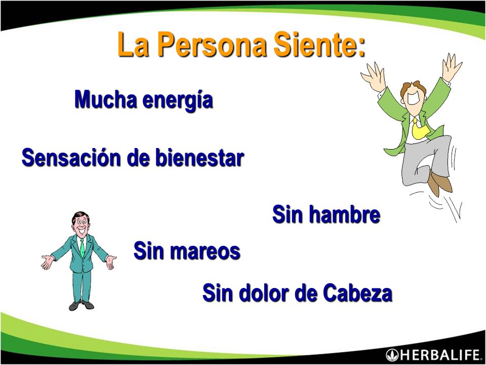 La Persona Siente: Mucha energía Sensación de bienestar Sin hambre