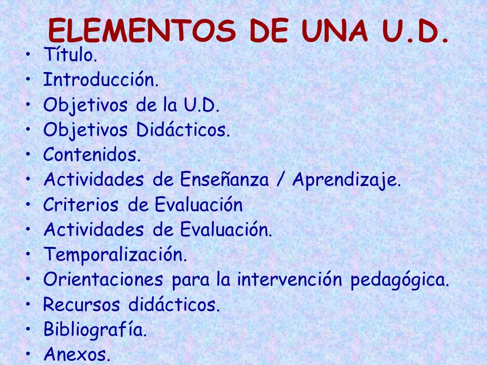 ELEMENTOS DE UNA U.D. Título. Introducción. Objetivos de la U.D.