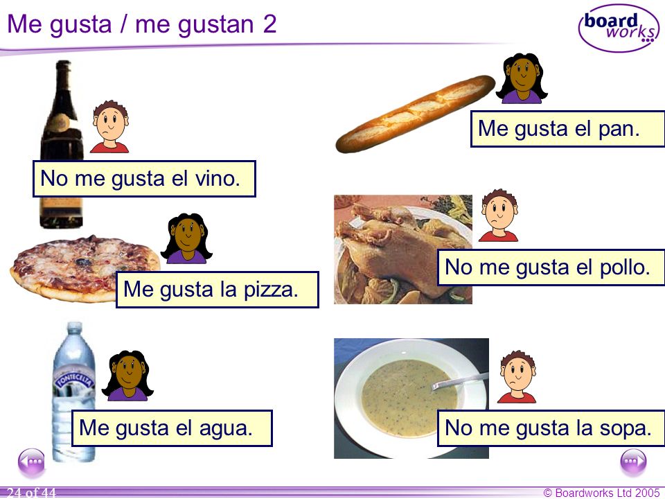 Me gusta / me gustan 2 Me gusta el pan. No me gusta el vino.
