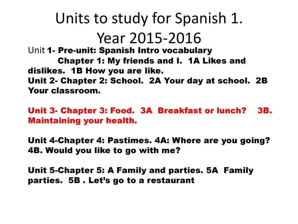 Units to study for Spanish 1. Year