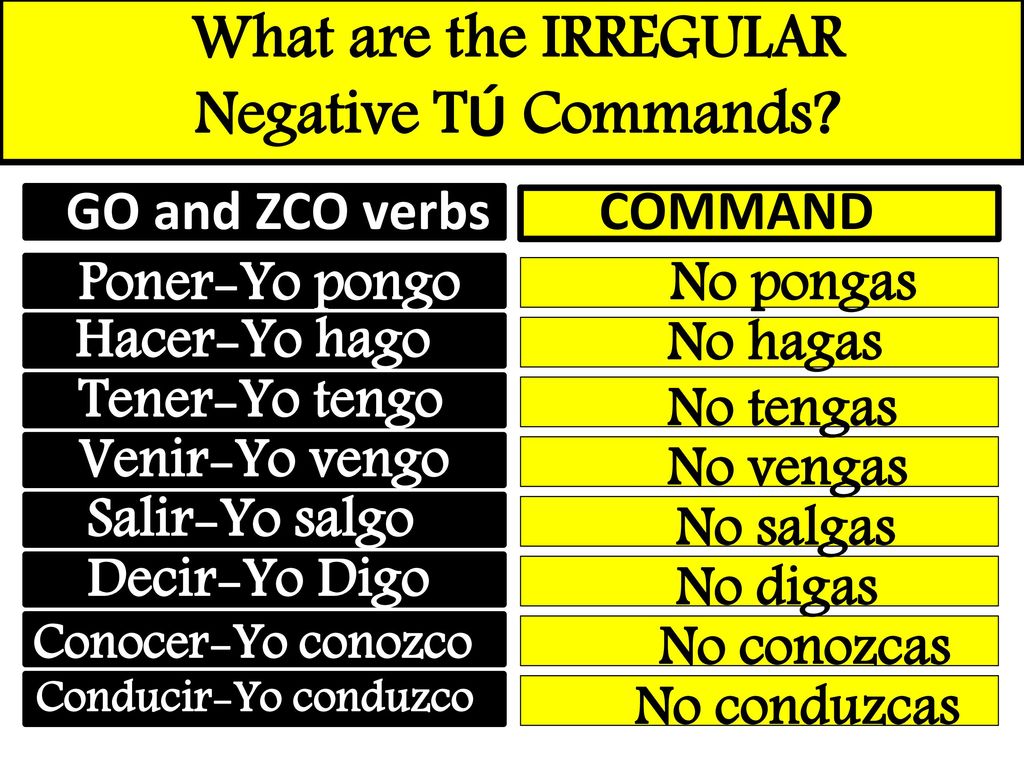 What are the IRREGULAR Negative TÚ Commands GO and ZCO verbs COMMAND