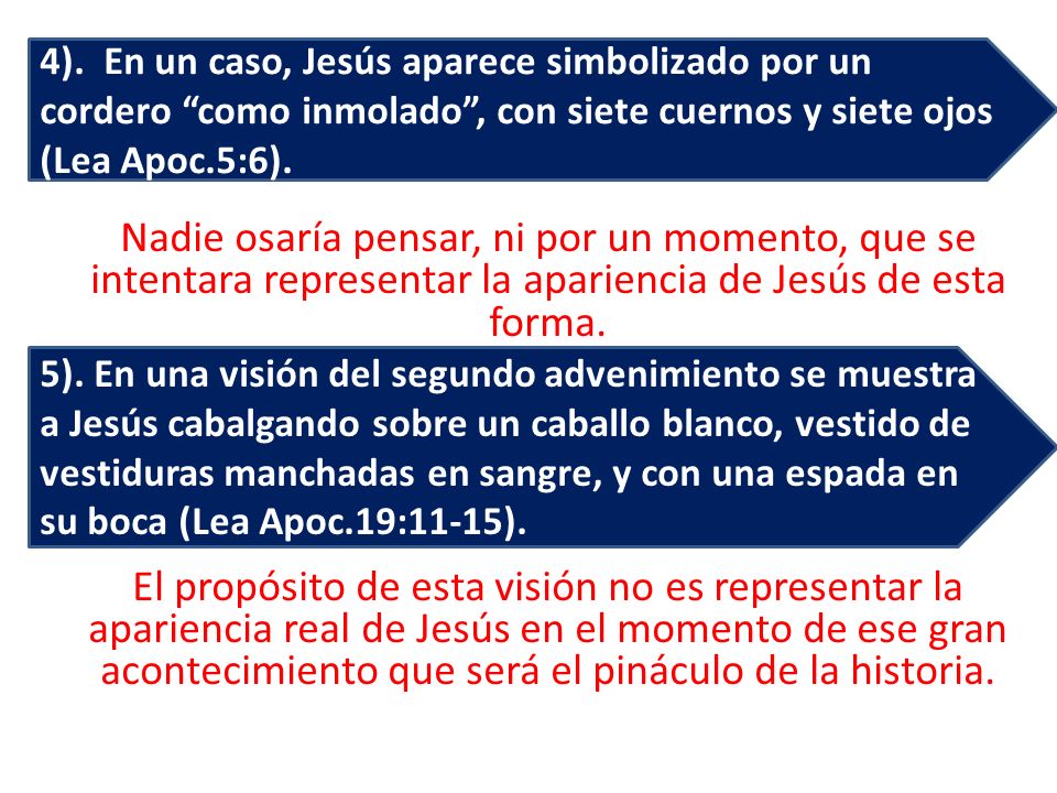 4). En un caso, Jesús aparece simbolizado por un cordero como inmolado , con siete cuernos y siete ojos (Lea Apoc.5:6).