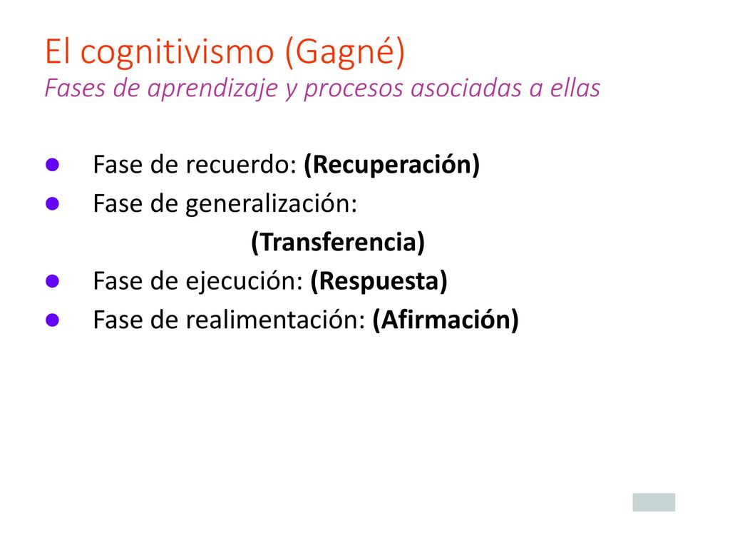 El cognitivismo (Gagné) Fases de aprendizaje y procesos asociadas a ellas