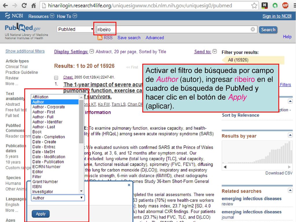 Activar el filtro de búsqueda por campo de Author (autor), ingresar ribeiro en el cuadro de búsqueda de PubMed y hacer clic en el botón de Apply (aplicar).