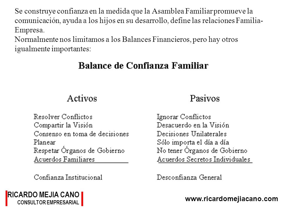 Se construye confianza en la medida que la Asamblea Familiar promueve la comunicación, ayuda a los hijos en su desarrollo, define las relaciones Familia-Empresa.