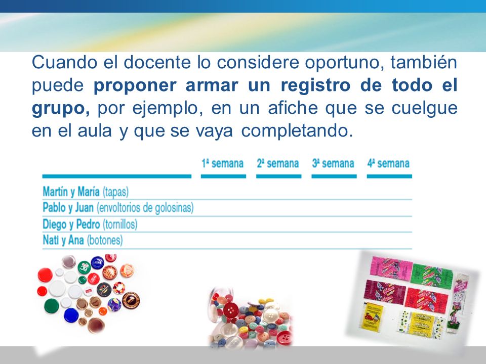 Cuando el docente lo considere oportuno, también puede proponer armar un registro de todo el grupo, por ejemplo, en un afiche que se cuelgue en el aula y que se vaya completando.