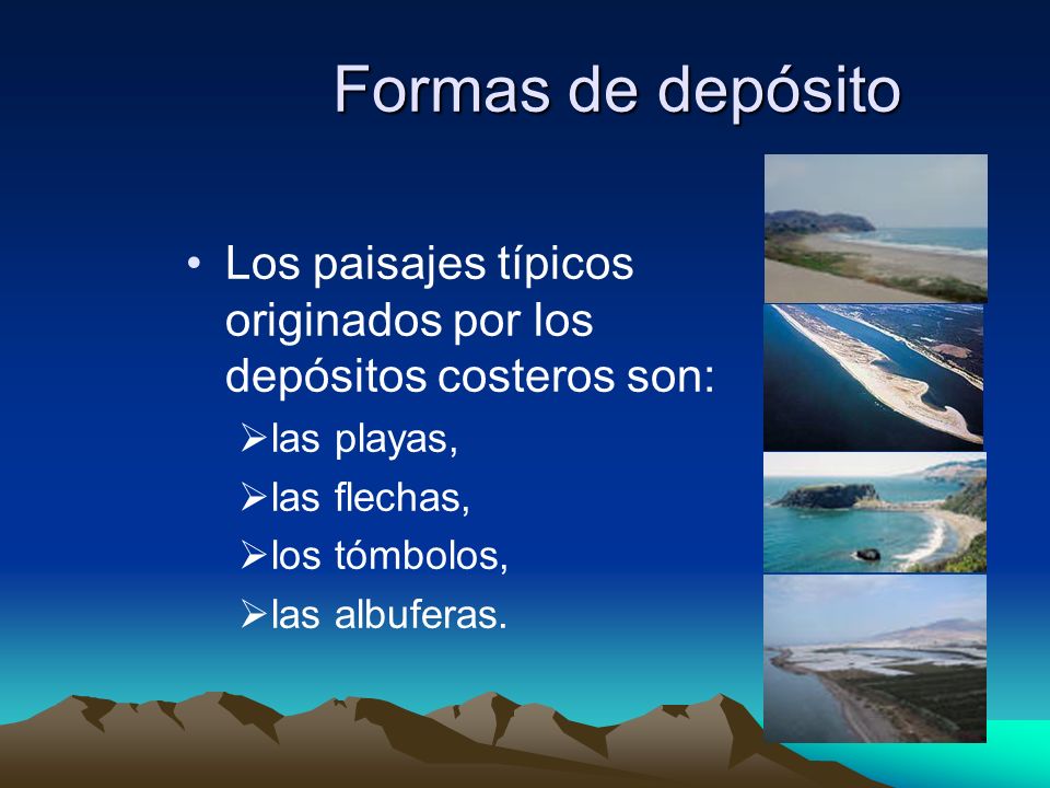 Formas de depósito Los paisajes típicos originados por los depósitos costeros son: las playas, las flechas,