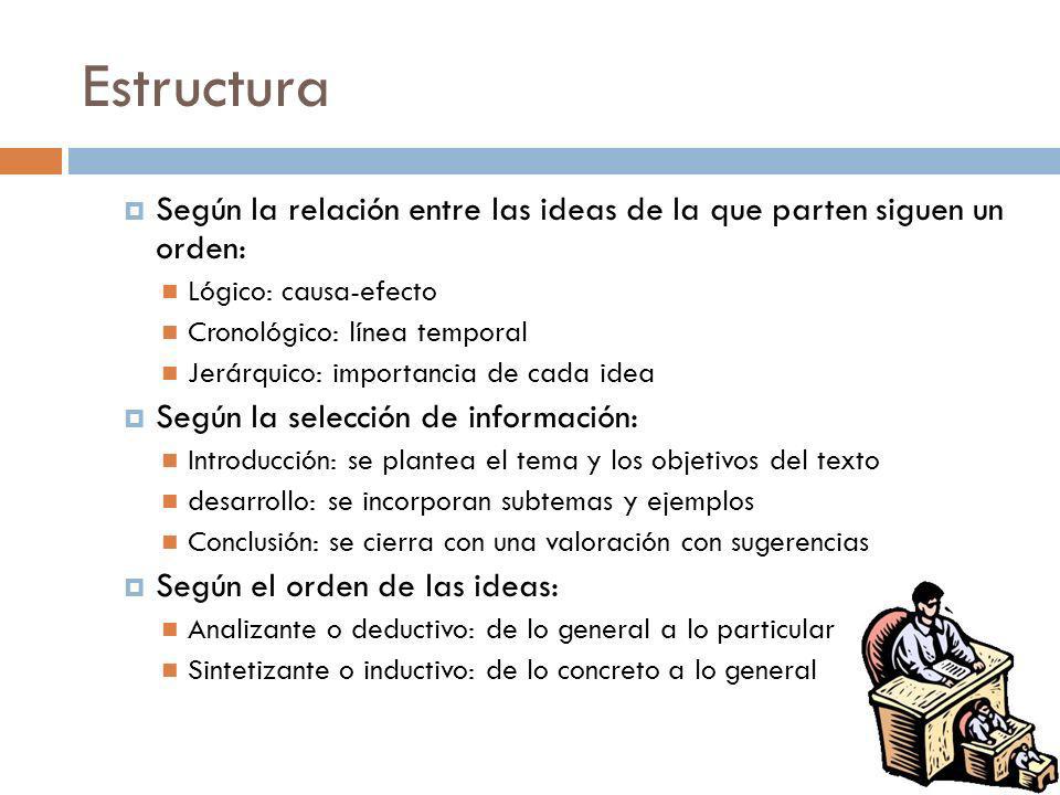 Estructura Según la relación entre las ideas de la que parten siguen un orden: Lógico: causa-efecto.