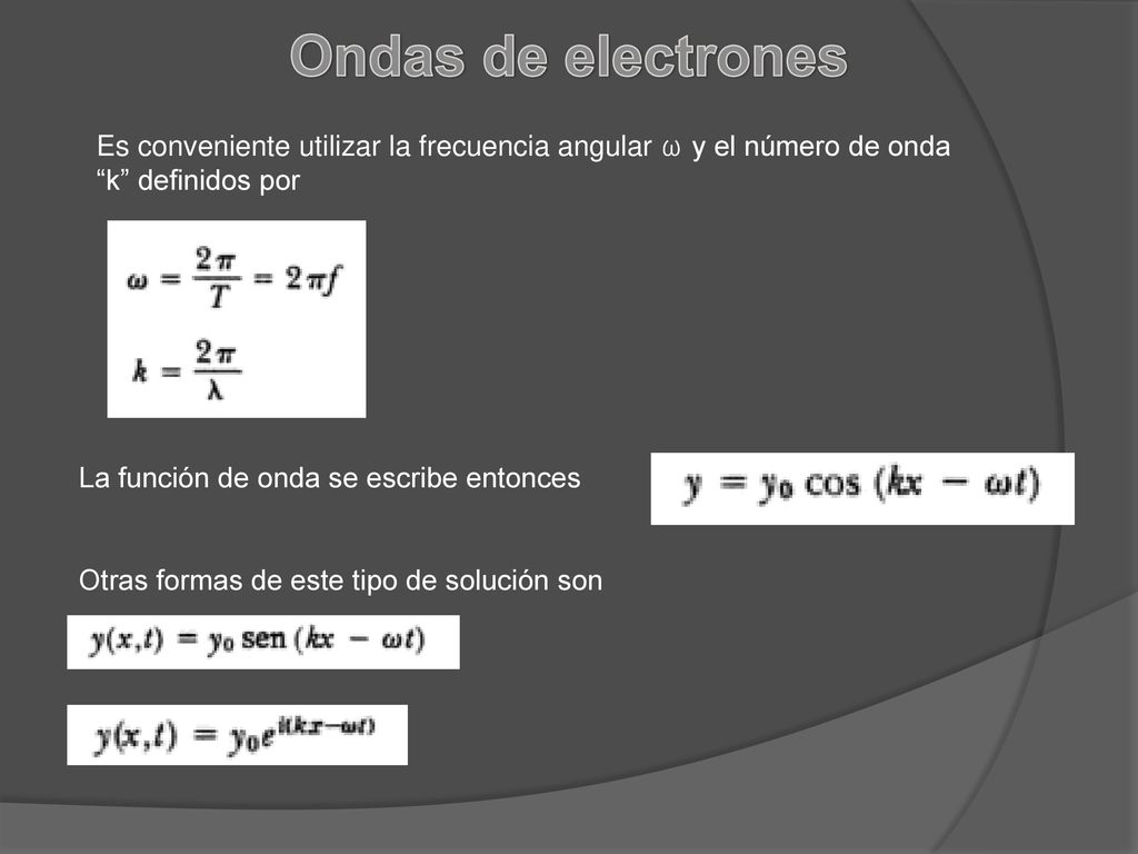 Ondas de electrones Es conveniente utilizar la frecuencia angular ω y el número de onda k definidos por.