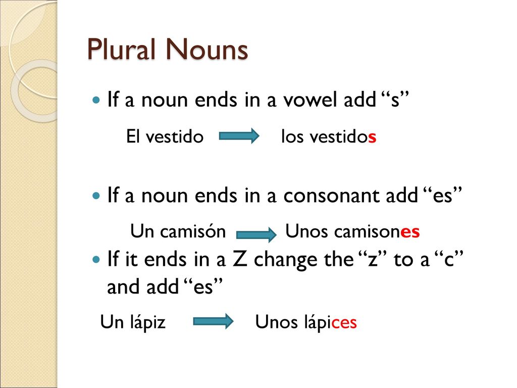 Plural Nouns If a noun ends in a vowel add s