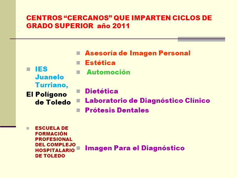 CENTROS CERCANOS QUE IMPARTEN CICLOS DE GRADO SUPERIOR año 2011
