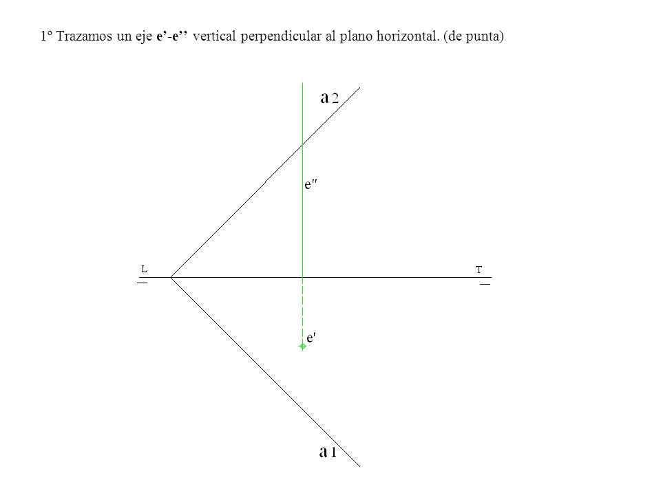 1º Trazamos un eje e’-e’’ vertical perpendicular al plano horizontal