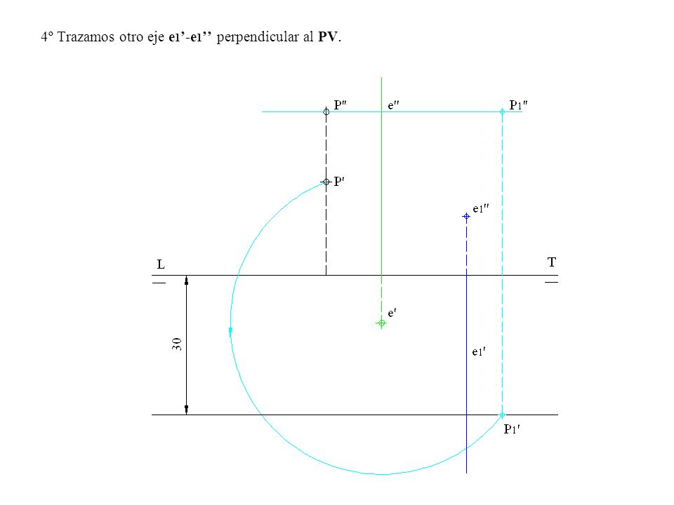 4º Trazamos otro eje e1’-e1’’ perpendicular al PV.