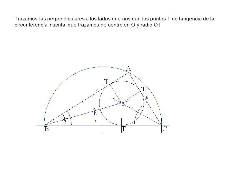 Trazamos las perpendiculares a los lados que nos dan los puntos T de tangencia de la circunferencia inscrita, que trazamos de centro en O y radio OT