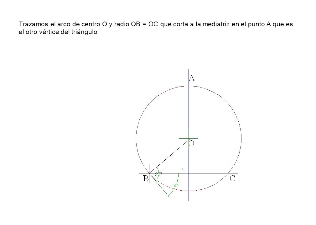 Trazamos el arco de centro O y radio OB = OC que corta a la mediatriz en el punto A que es el otro vértice del triángulo