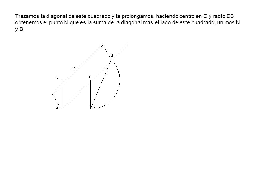 Trazamos la diagonal de este cuadrado y la prolongamos, haciendo centro en D y radio DB obtenemos el punto N que es la suma de la diagonal mas el lado de este cuadrado, unimos N y B
