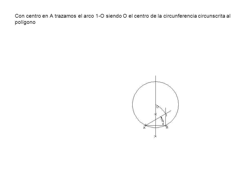 Con centro en A trazamos el arco 1-O siendo O el centro de la circunferencia circunscrita al polígono