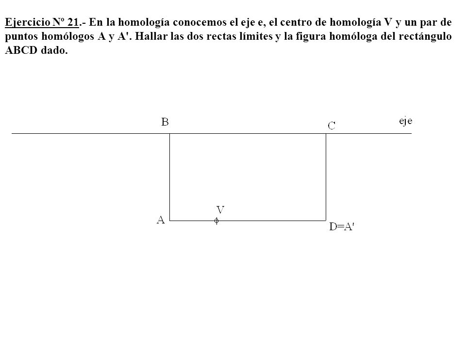 Ejercicio Nº 21.- En la homología conocemos el eje e, el centro de homología V y un par de puntos homólogos A y A .