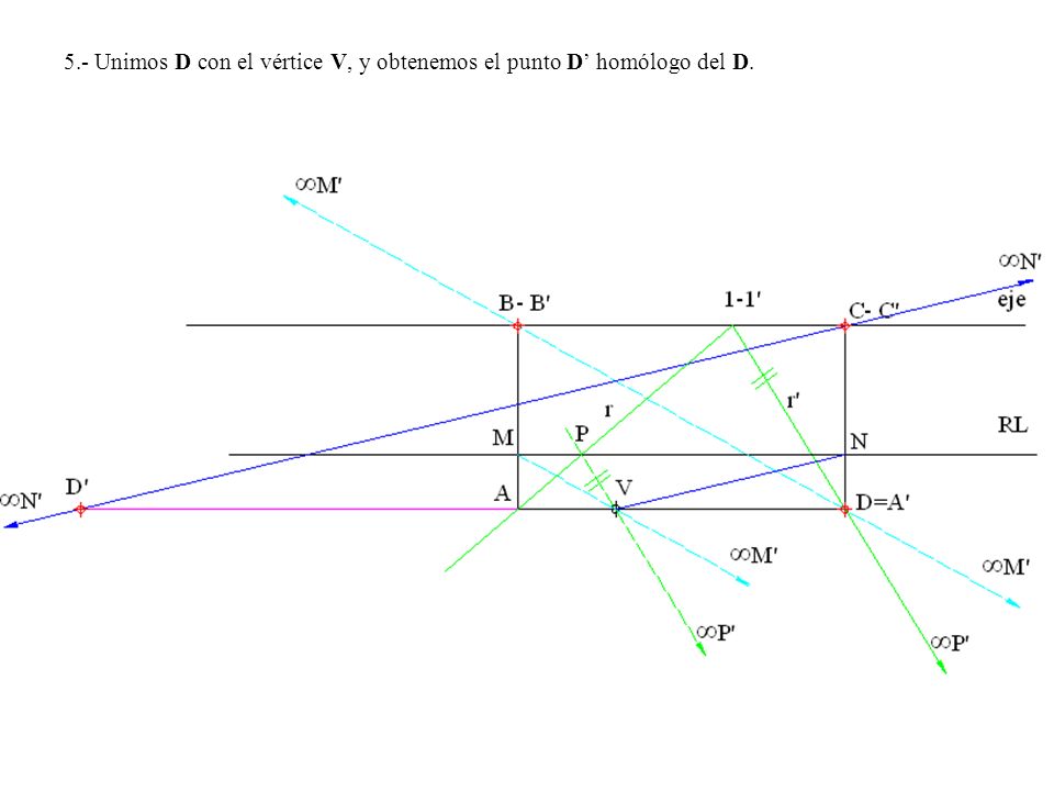 5.- Unimos D con el vértice V, y obtenemos el punto D’ homólogo del D.