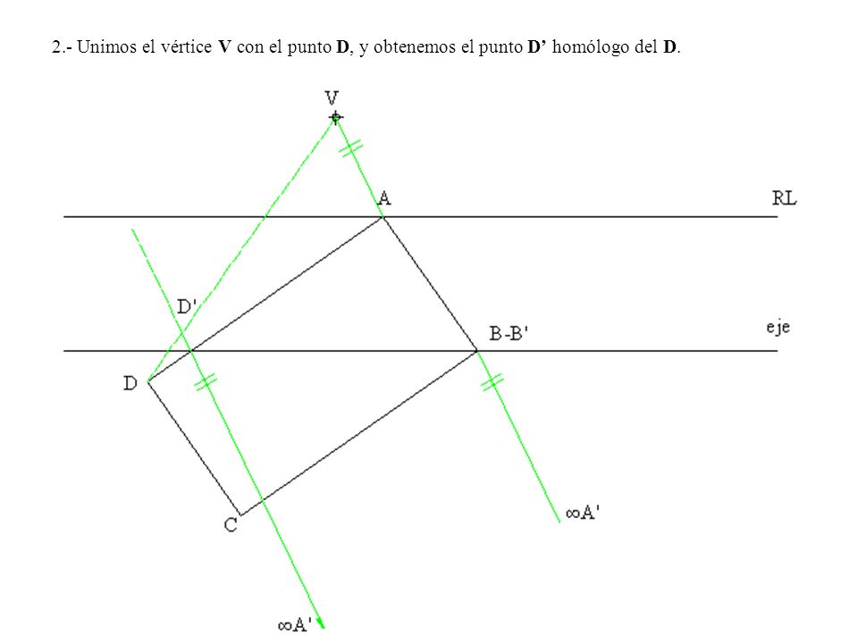 2.- Unimos el vértice V con el punto D, y obtenemos el punto D’ homólogo del D.