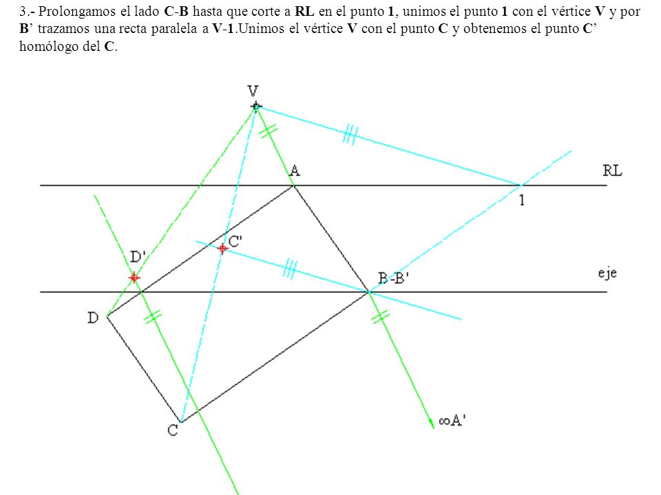 3.- Prolongamos el lado C-B hasta que corte a RL en el punto 1, unimos el punto 1 con el vértice V y por B’ trazamos una recta paralela a V-1.Unimos el vértice V con el punto C y obtenemos el punto C’ homólogo del C.