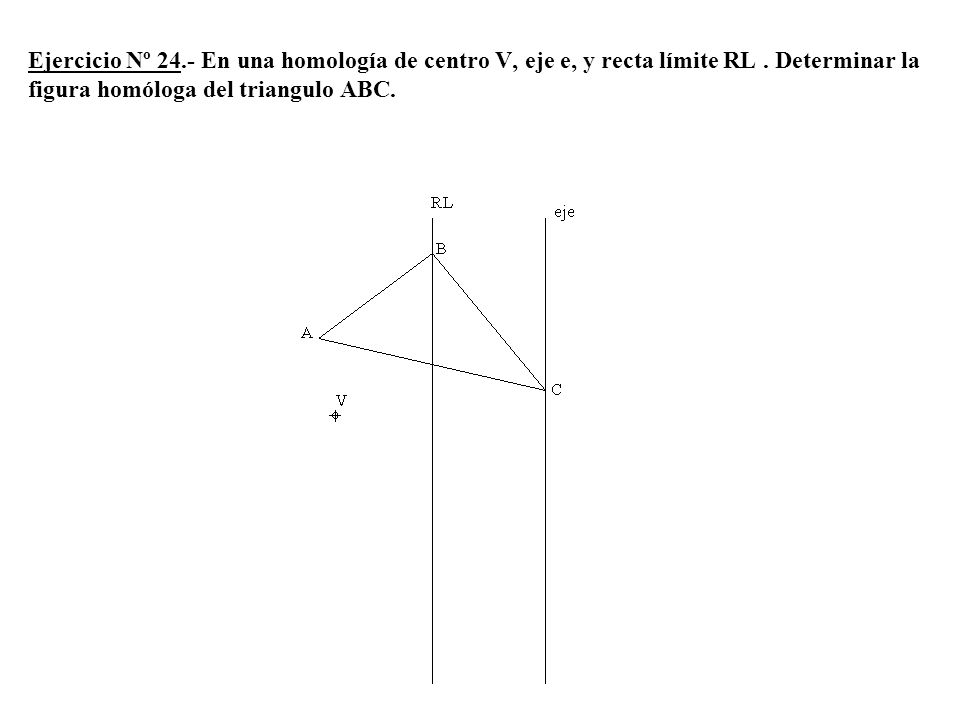 Ejercicio Nº 24.- En una homología de centro V, eje e, y recta límite RL .
