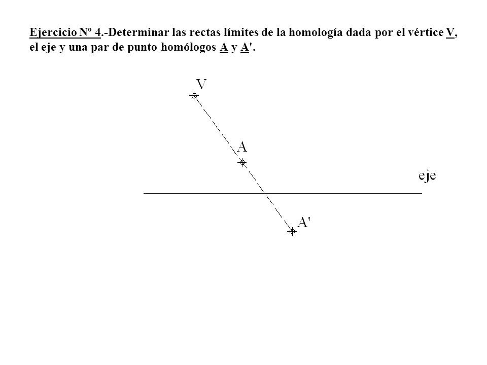 Ejercicio Nº 4.-Determinar las rectas límites de la homología dada por el vértice V, el eje y una par de punto homólogos A y A .