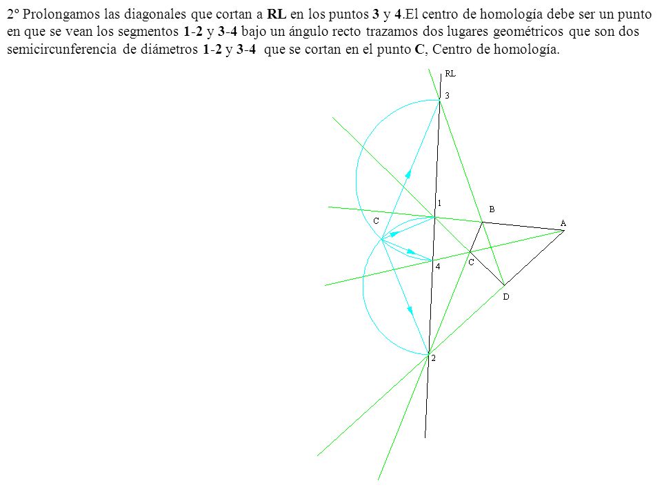 2º Prolongamos las diagonales que cortan a RL en los puntos 3 y 4