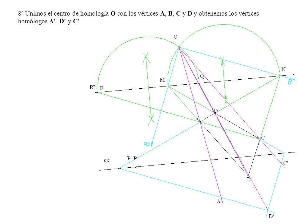 8º Unimos el centro de homología O con los vértices A, B, C y D y obtenemos los vértices homólogos A’, D’ y C’