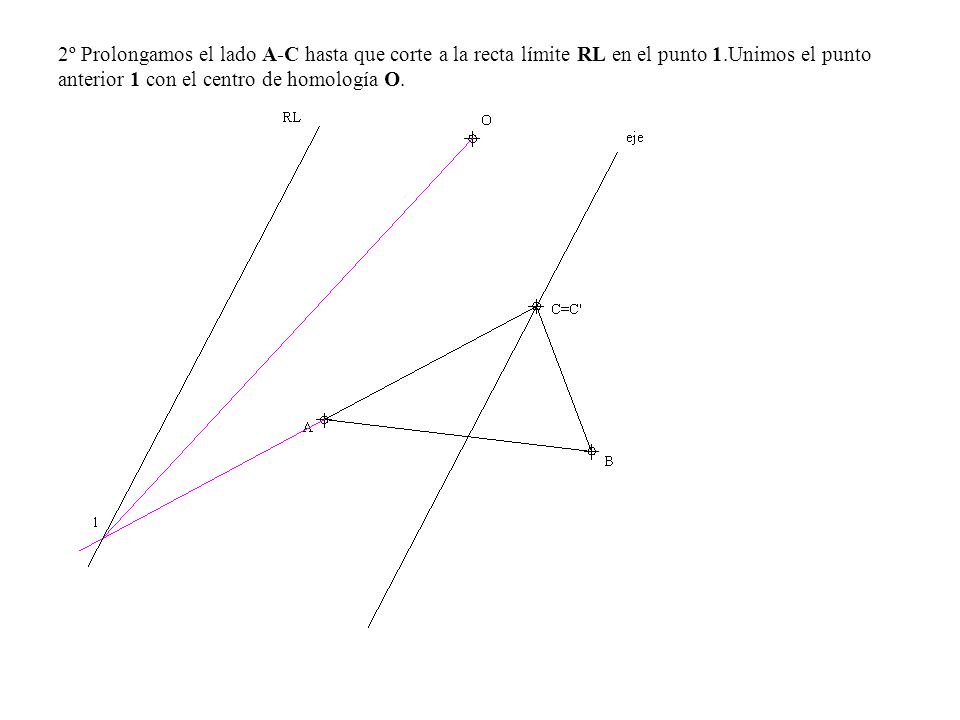 2º Prolongamos el lado A-C hasta que corte a la recta límite RL en el punto 1.Unimos el punto anterior 1 con el centro de homología O.
