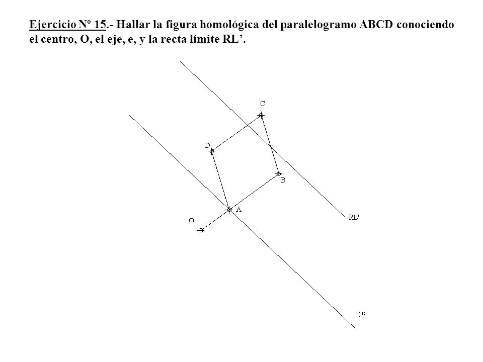 Ejercicio Nº 15.- Hallar la figura homológica del paralelogramo ABCD conociendo el centro, O, el eje, e, y la recta límite RL’.