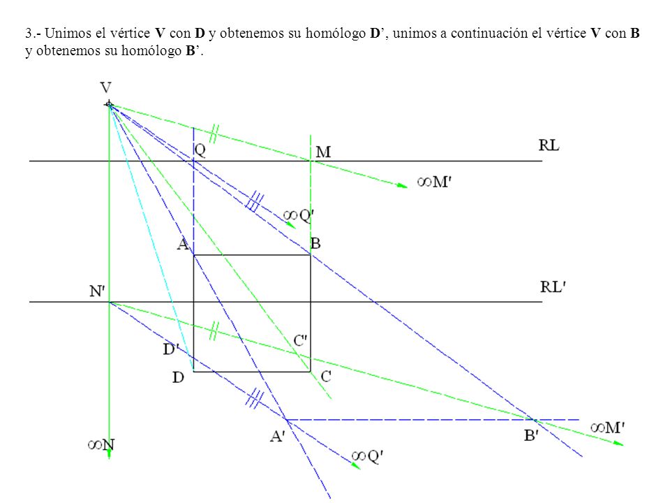 3.- Unimos el vértice V con D y obtenemos su homólogo D’, unimos a continuación el vértice V con B y obtenemos su homólogo B’.