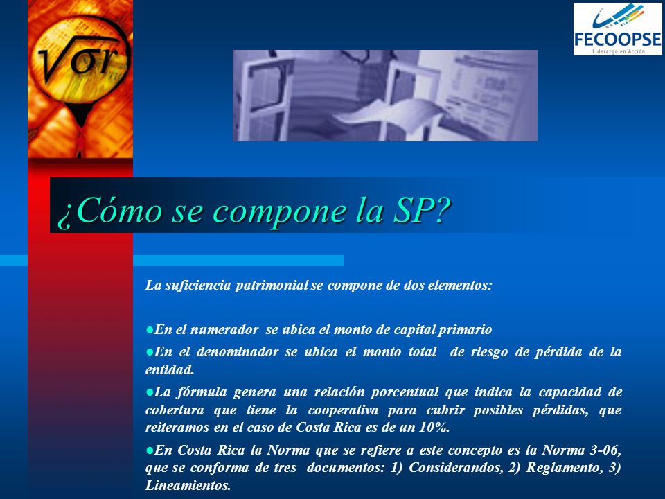¿Cómo se compone la SP La suficiencia patrimonial se compone de dos elementos: En el numerador se ubica el monto de capital primario.