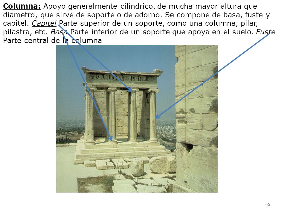 Columna: Apoyo generalmente cilíndrico, de mucha mayor altura que diámetro, que sirve de soporte o de adorno.